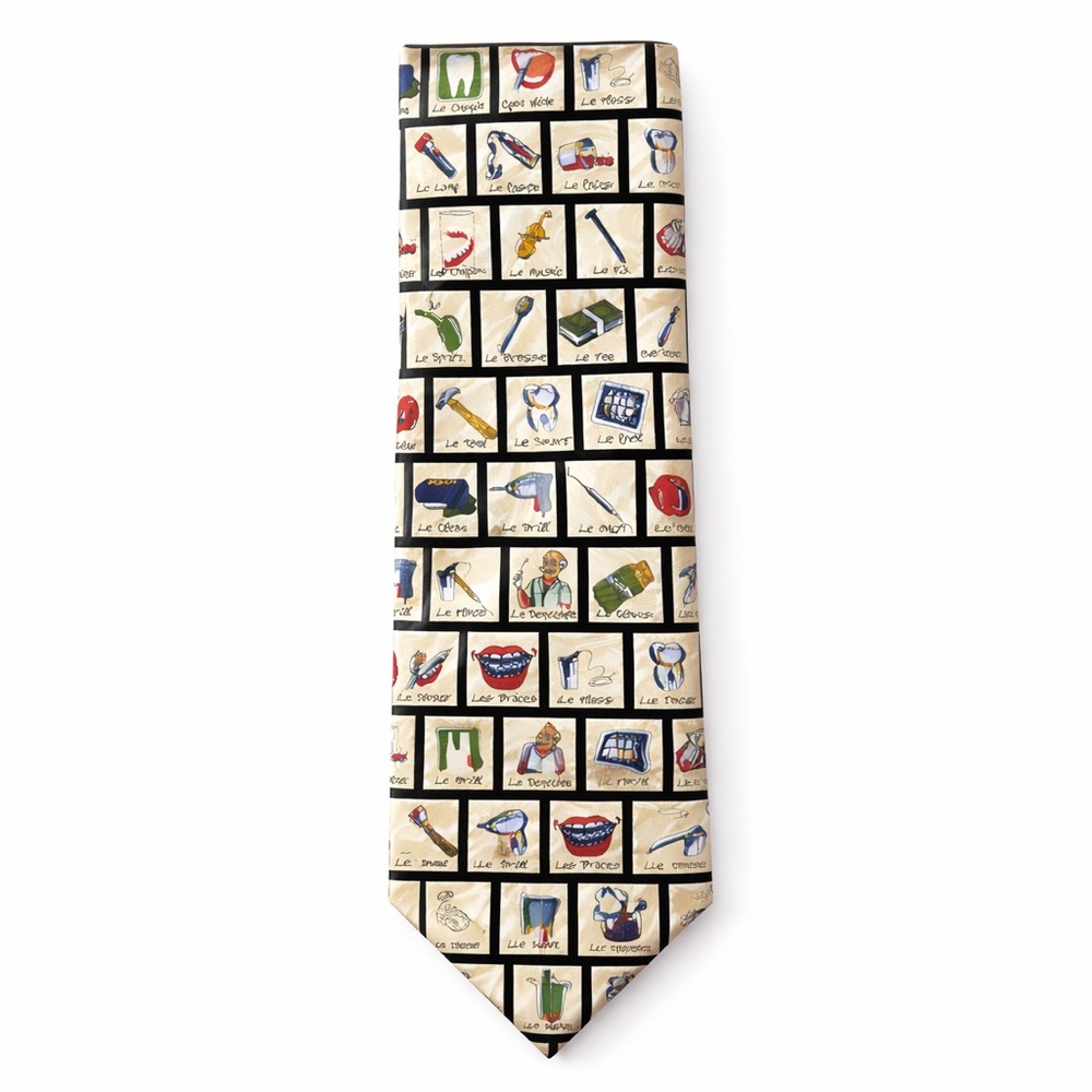 Vintage Museum Artifacts Silk Tie Dentist Doctor Novelty Print Cream 3.75”